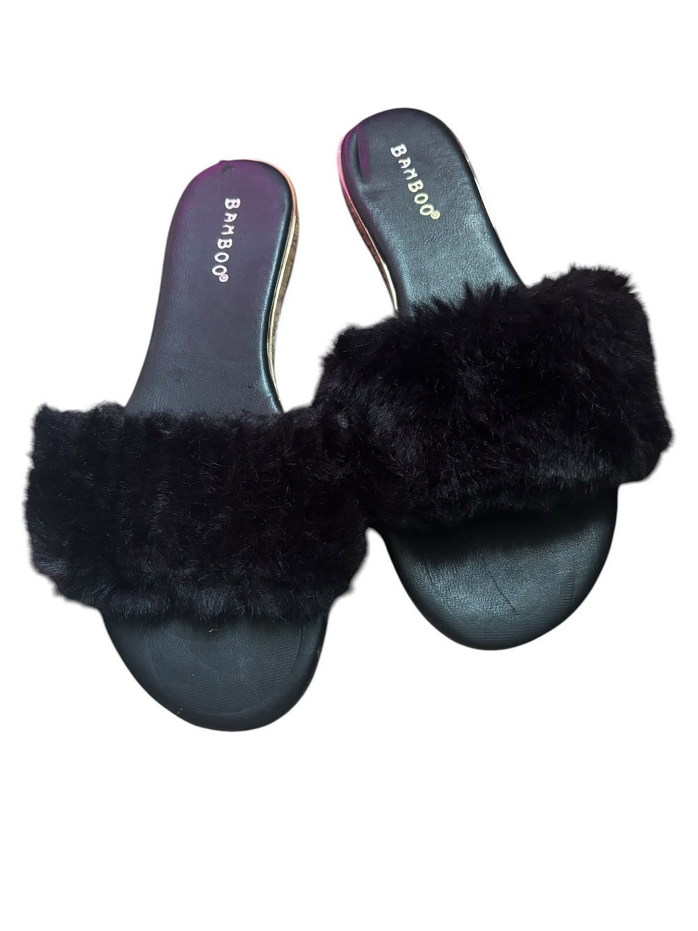 BAMBOO Black Faux Fur Slide Sandals for Women